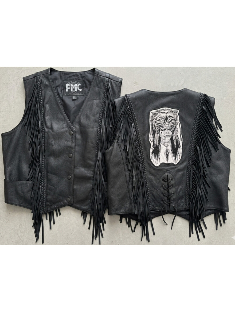 FMC Leather Motorcycle Vest Men's 2XL Wolf Patch Fringe Braid